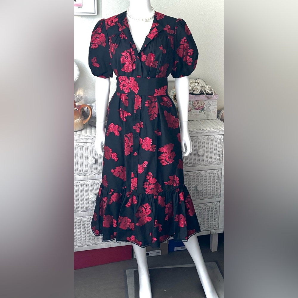 Erdem Estella Jacquard Floral Red Black Midi Dress Oversized Puff Sleeves Sz. 4